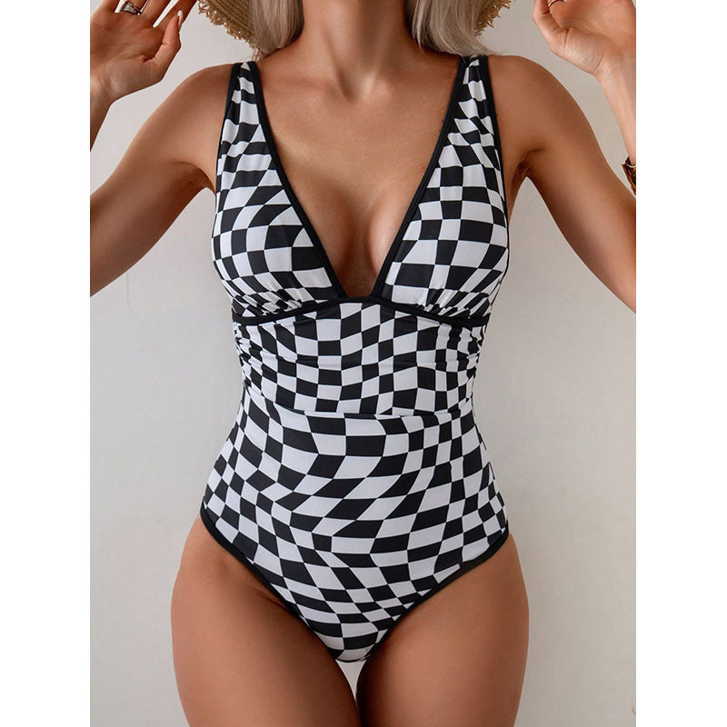 Swimsuit V neck Plaid One Piece Swimsuit Women Beach Spring Bikini