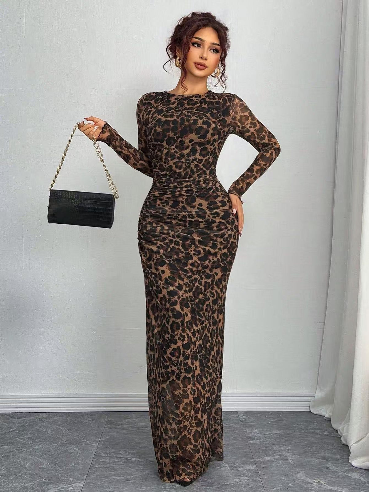 Round Neck Abstract Print Ruched Long Sleeve Bodycon Maxi Dress