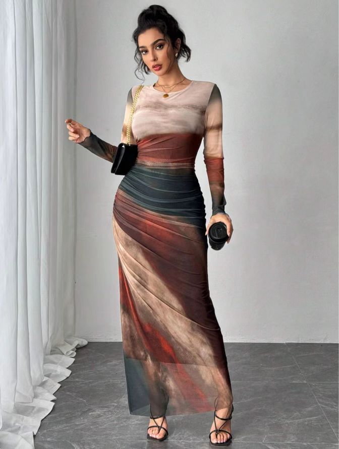 Round Neck Abstract Print Ruched Long Sleeve Bodycon Maxi Dress