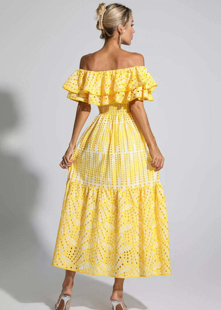 Soleia Ruffle Off Shoulder Dress EmbroideRed Boho Midi