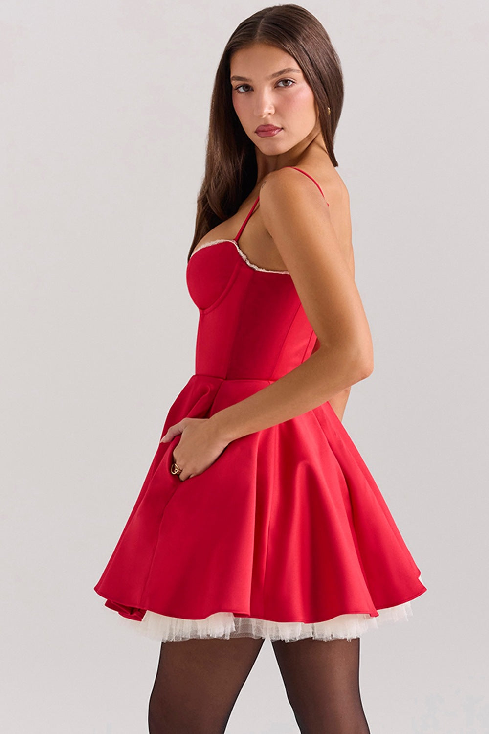 Sweetheart Lace Trim Tulle Overlay Satin Mini Dress 28