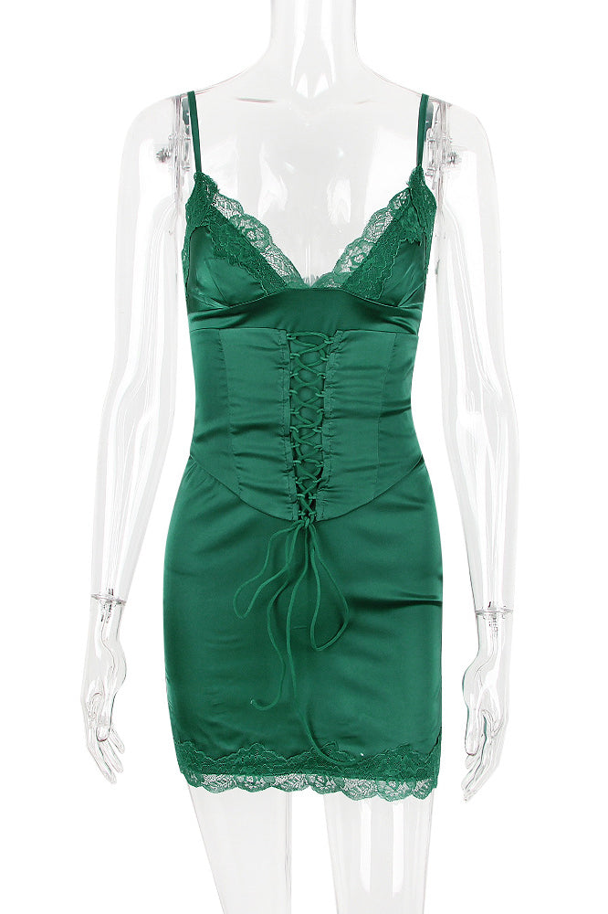 Emerald Green Spaghetti Strap Lace Trim Corset Lace-Up Satin Slip Mini Dress
