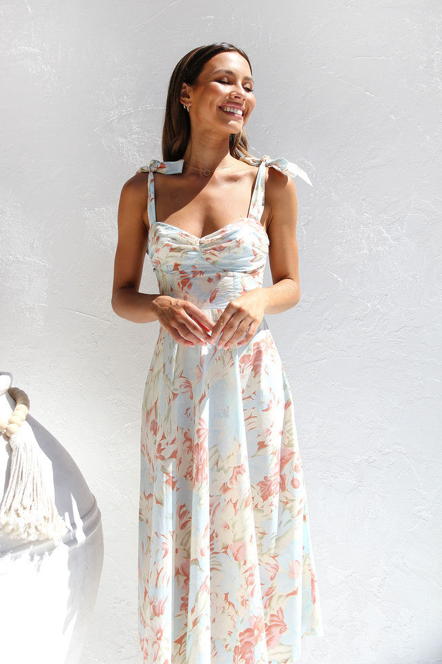 Apricot Sweetheart Tie Strap Floral Ruched Fit Flare Midi Dress