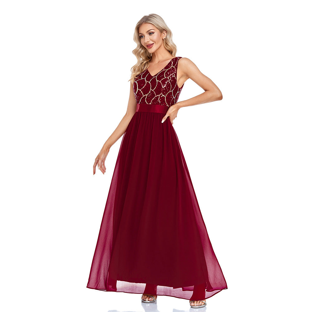 Double V Neck Sleeveless Sequined Chiffon Floor Length A Line Evening Dress Thirteen Party Dress