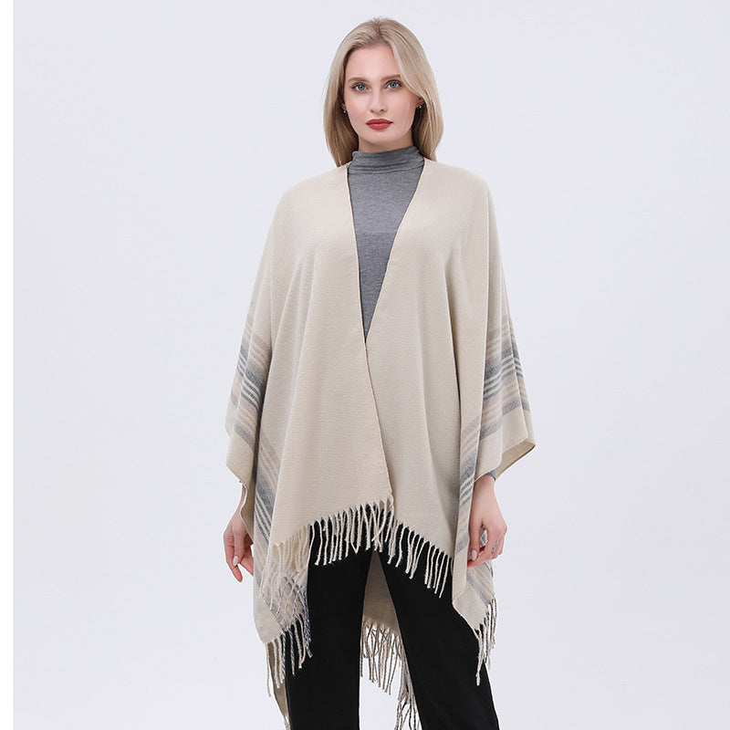New Europeanstyle Simple Fashionable Split Polyester Striped Scarf