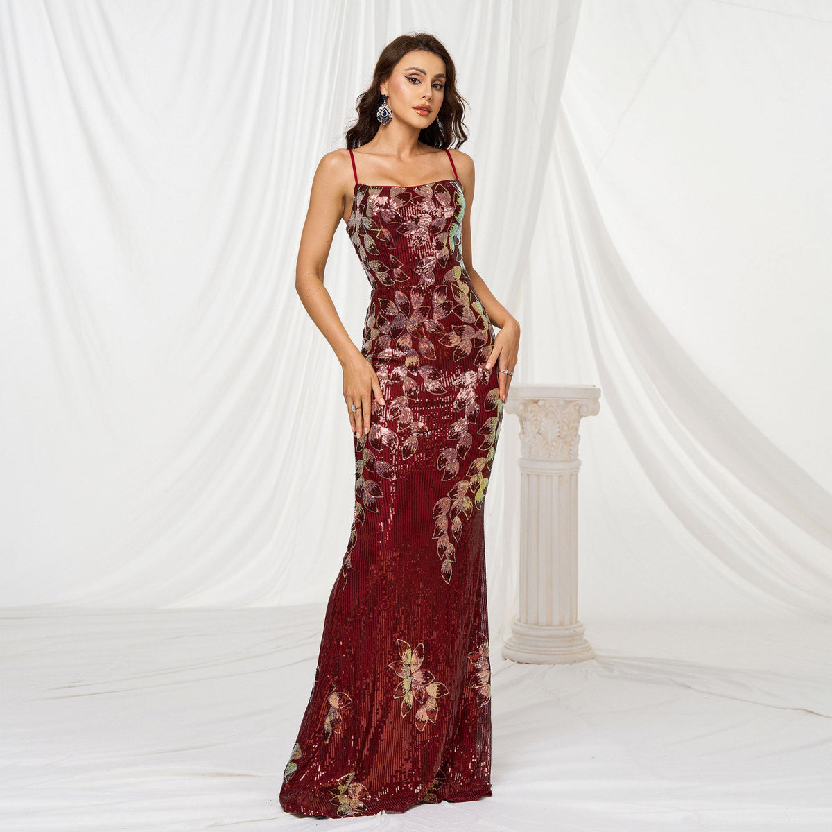 Red Spaghetti Strap Floral Sequin Mermaid Maxi Gown