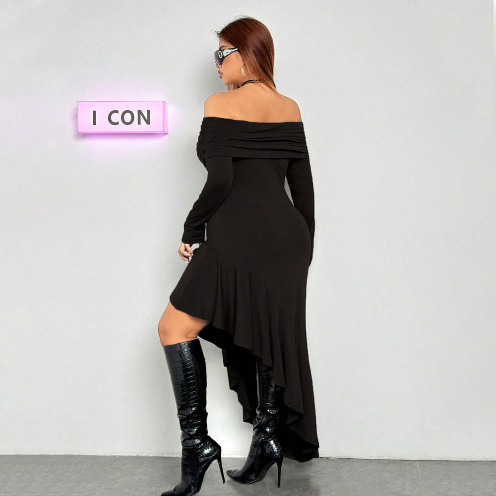 Elegant Dress Boat Collar Wooden Ear Midi Dress