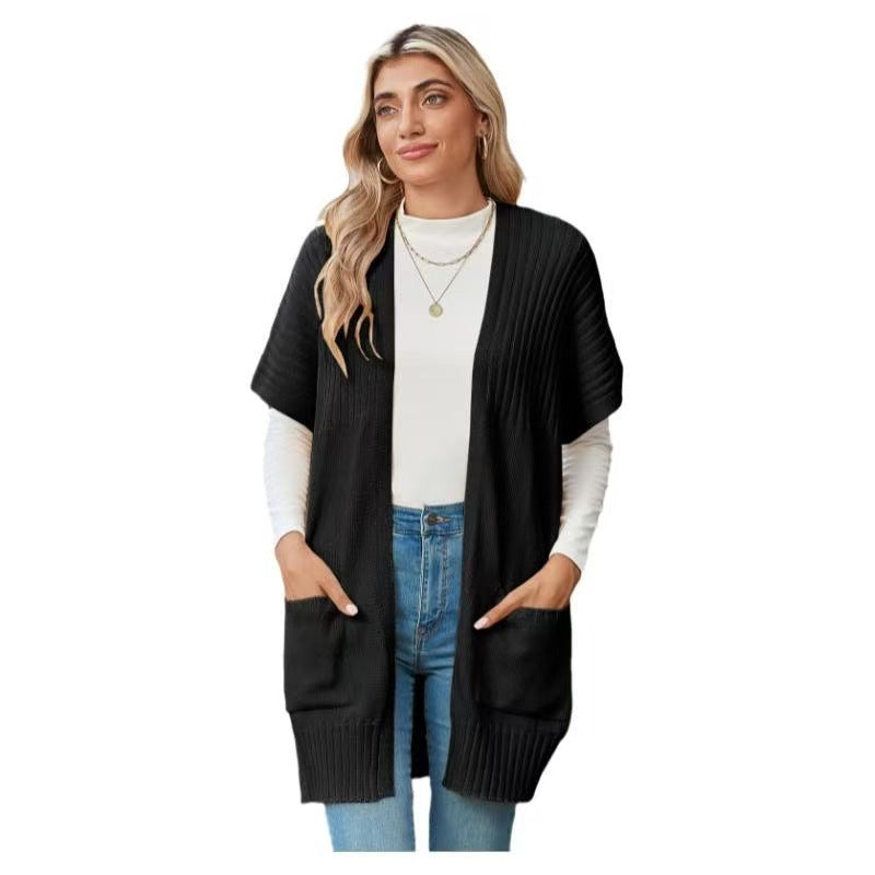 Open Front Ribbed Knit Short Sleeve Patch Pocket Cardigan