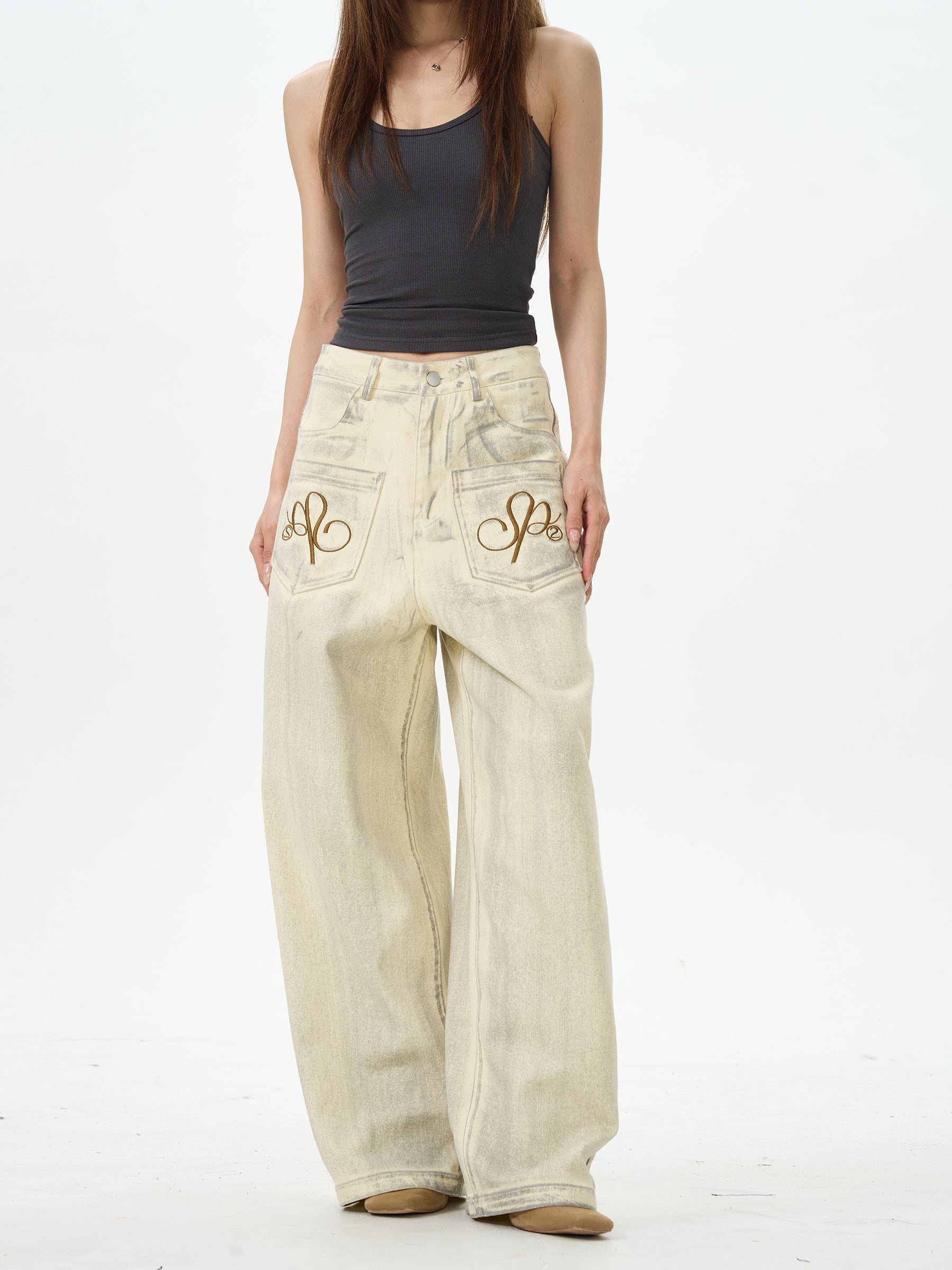 Embroidered Cream Wide Leg Pants