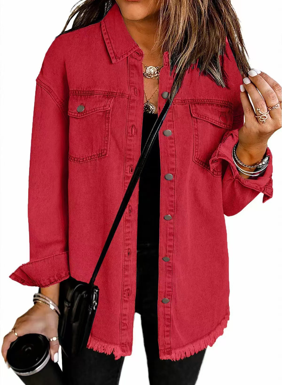 Collared Button-Front Frayed Hem Oversized Denim Jacket