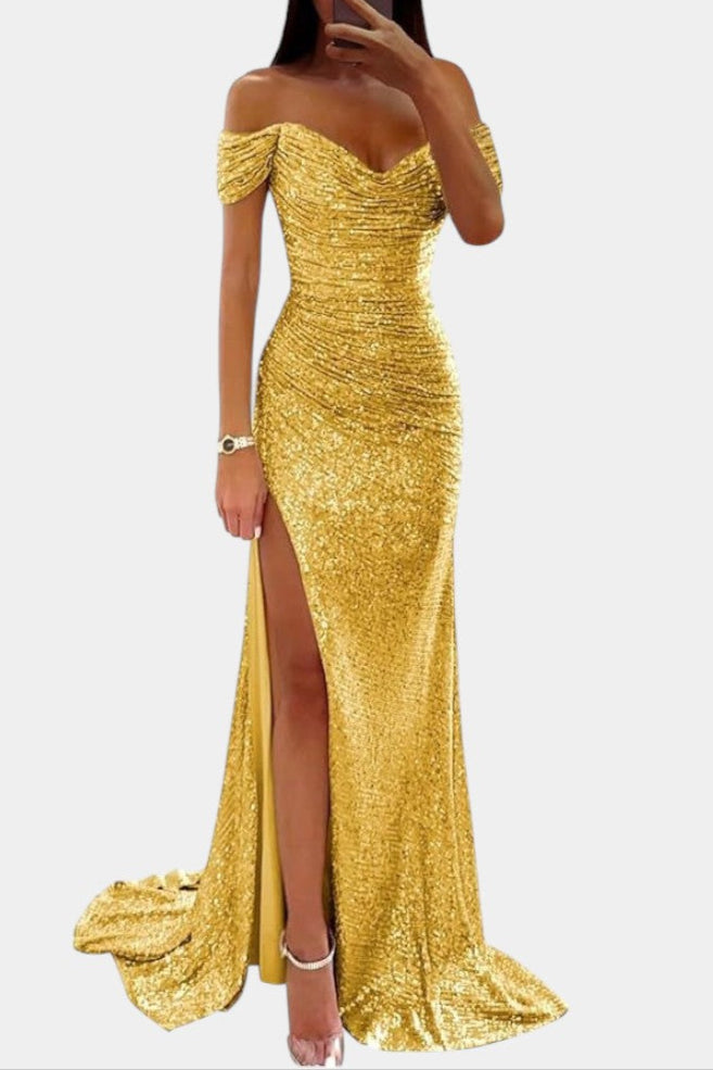 Off-Shoulder Sweetheart Sequin Ruched High Slit Mermaid Gown 13