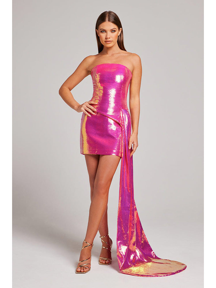 Strapless Sequin Wrap Waist Two Piece Prom Dress rose red / S promdress-250223