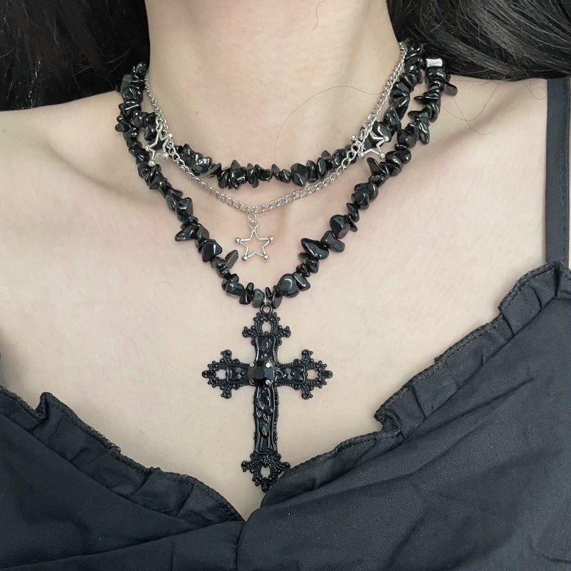 Sweet Cool Diamond Cross Star Double Layer Hiphop Fashion Necklace