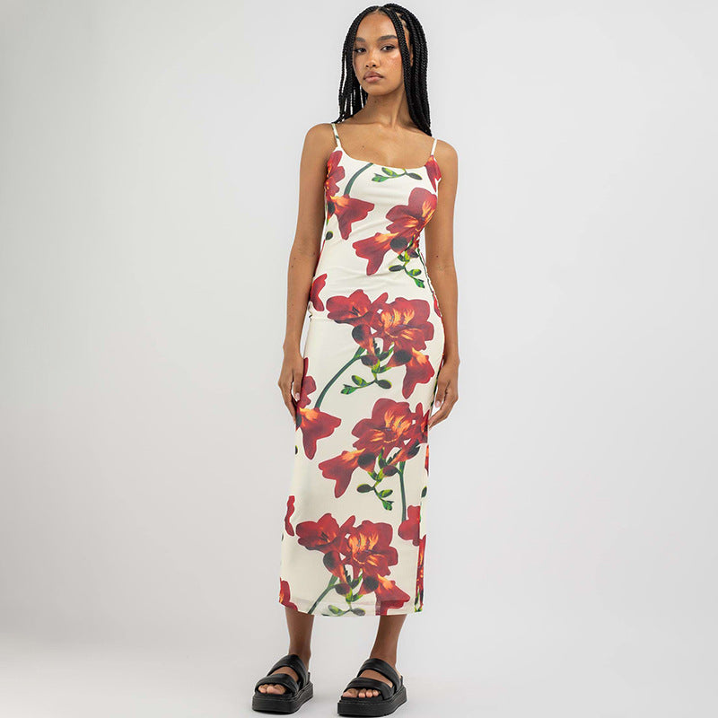 Spaghetti Strap Floral Print Stretch Slim Fit Dress Waist Sheath Dress