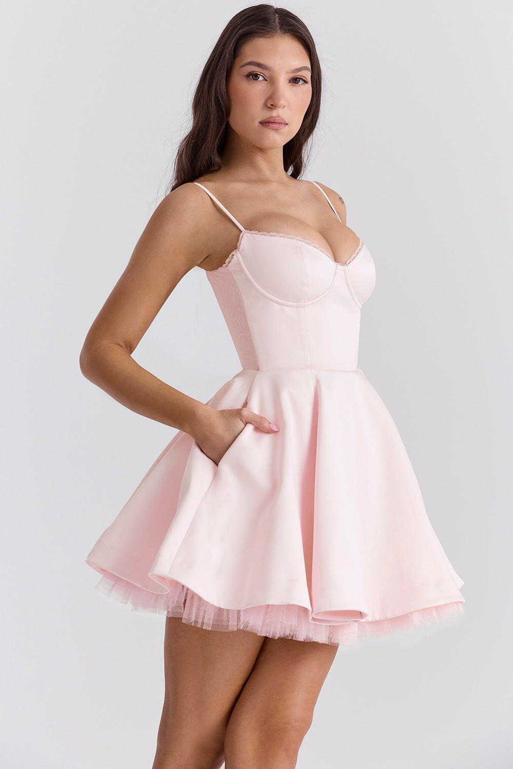 Sweetheart Lace Trim Tulle Overlay Satin Mini Dress 5