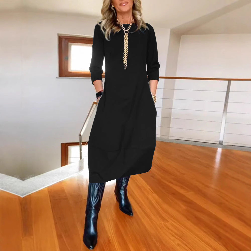 Round Neck Three Quarter Sleeve Pocket Cocoon Midi Dress