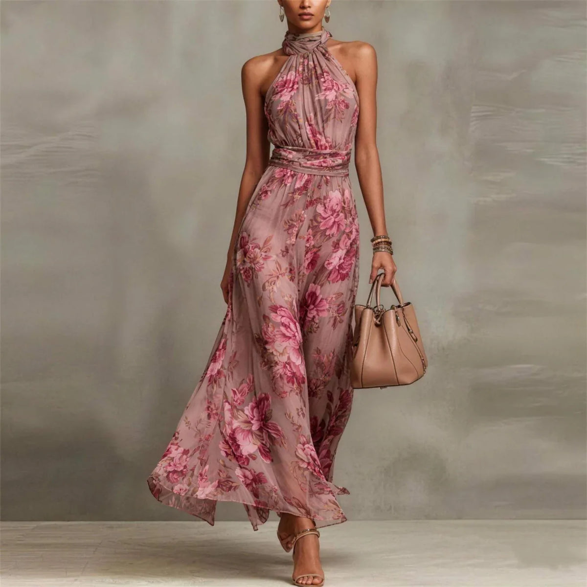Halter Neck Floral Print Chiffon Sleeveless A-Line Maxi Dress 3