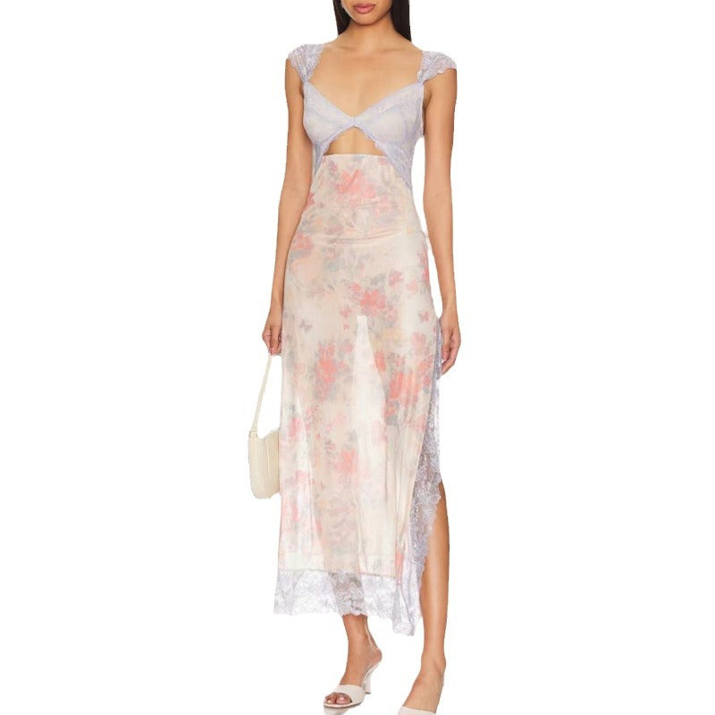 Sweetheart Lace Trim Floral Mesh Cutout Side Slit Midi Dress