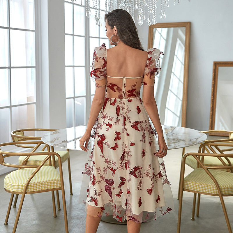 Embroidered Printed Waist off - Shoulder Dress Low - Cut Mesh Large Organza