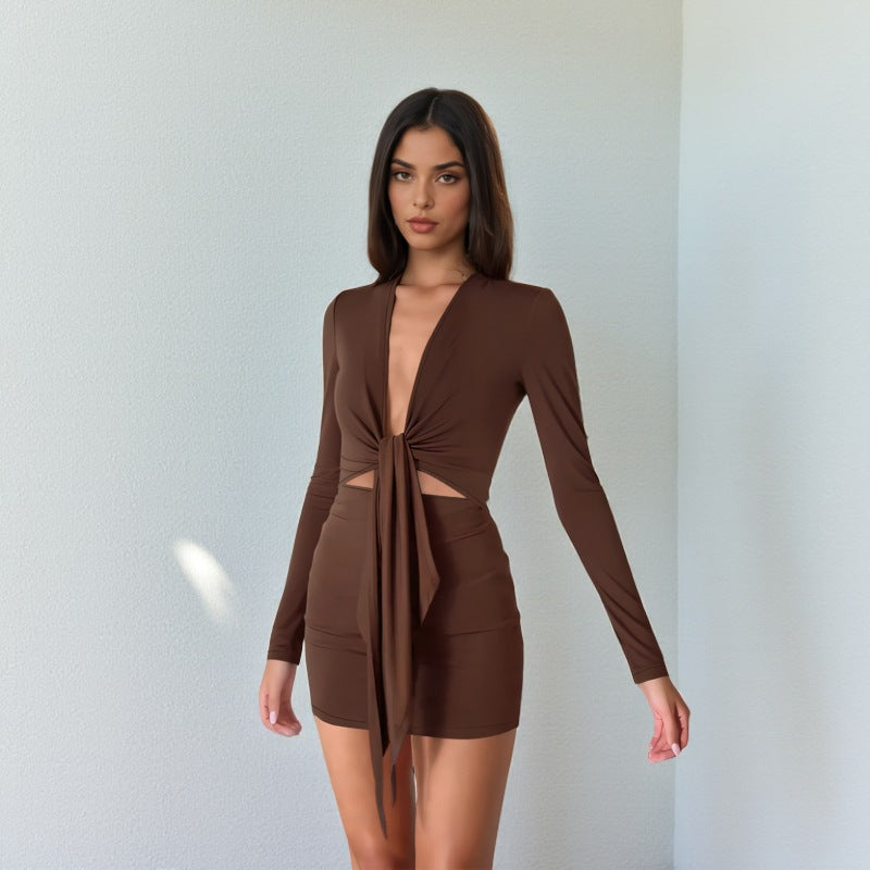 Afternoon Coffee Color Deep V-Neck Tie-Up Dress