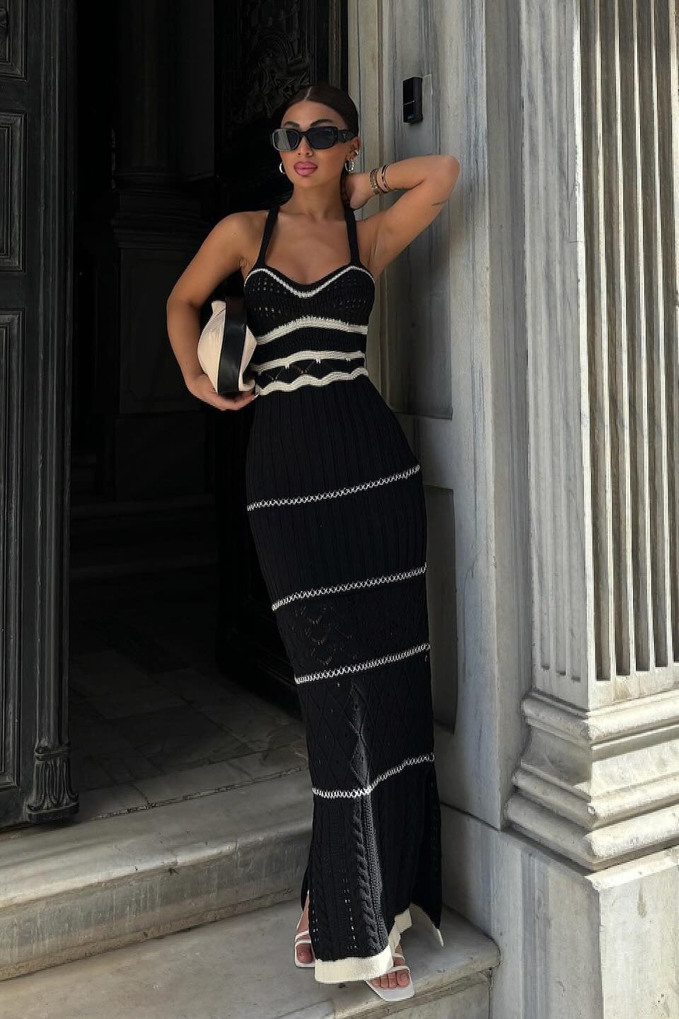 Yadira Aesthetic Knitted Maxi Dress with Slit and Cutouts Chic Silhouette Collection