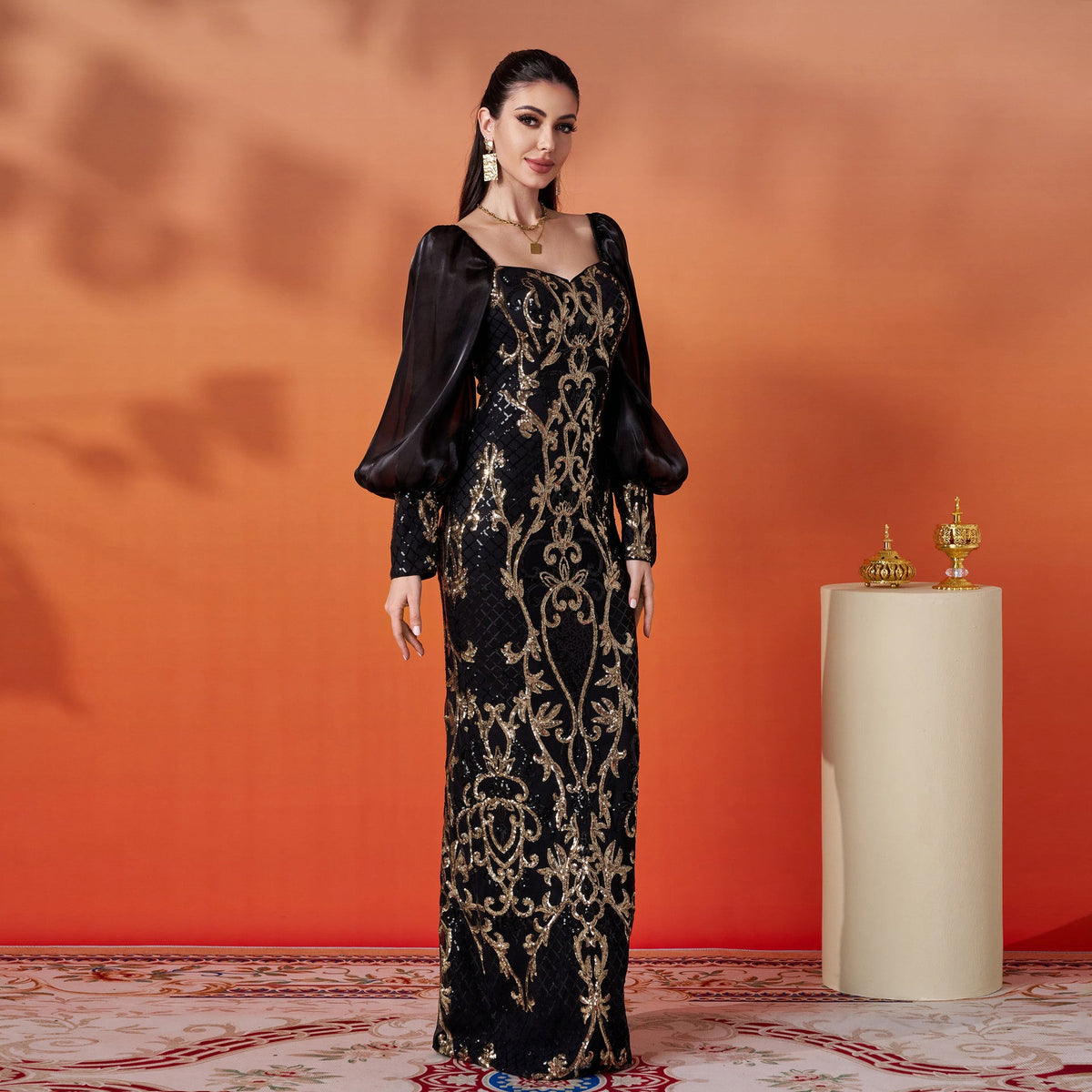 Black Sweetheart Neck Puff Sleeve Baroque Sequin Mermaid Gown