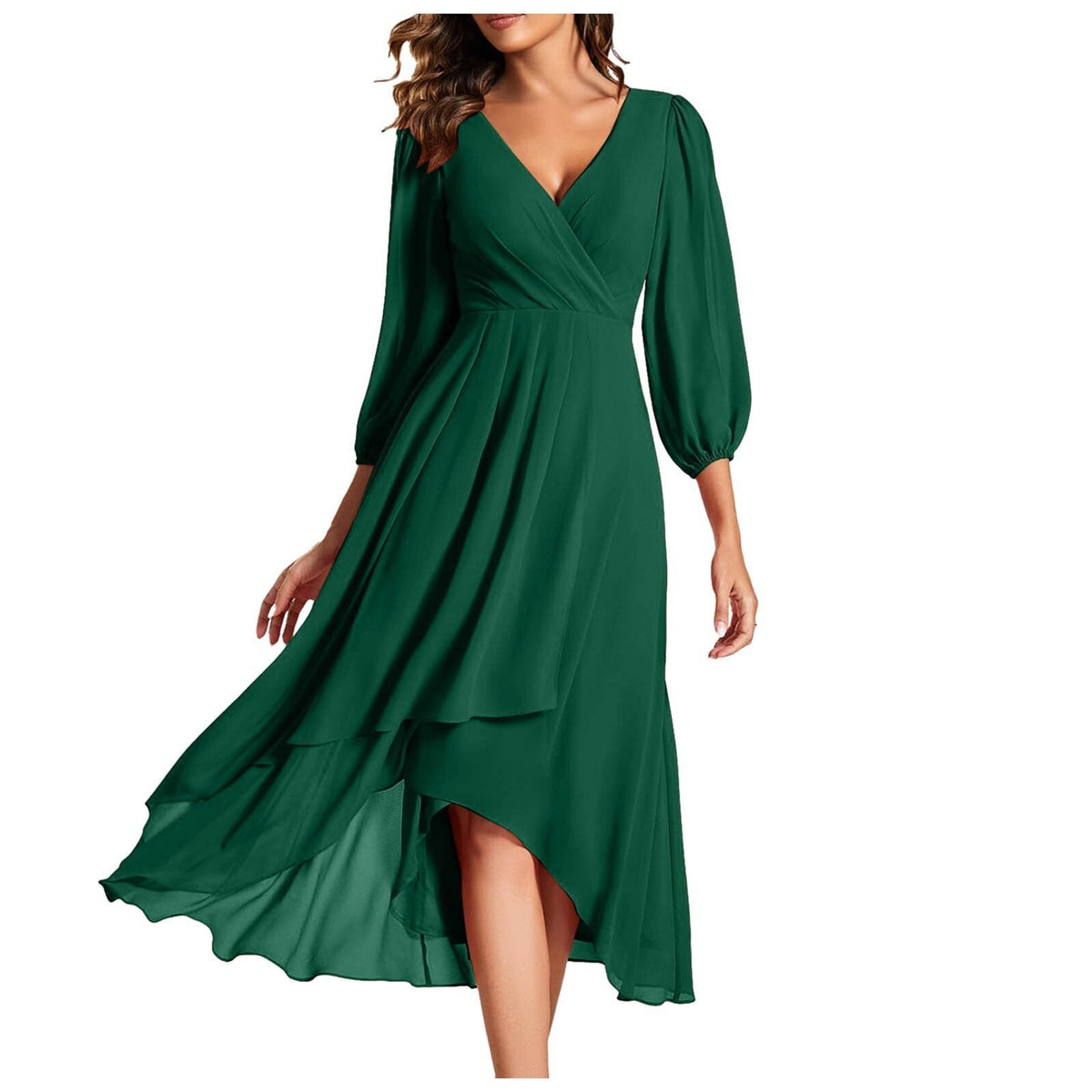 V-Neck Wrap Balloon Sleeve Chiffon High-Low Ruffle Midi Dress 4