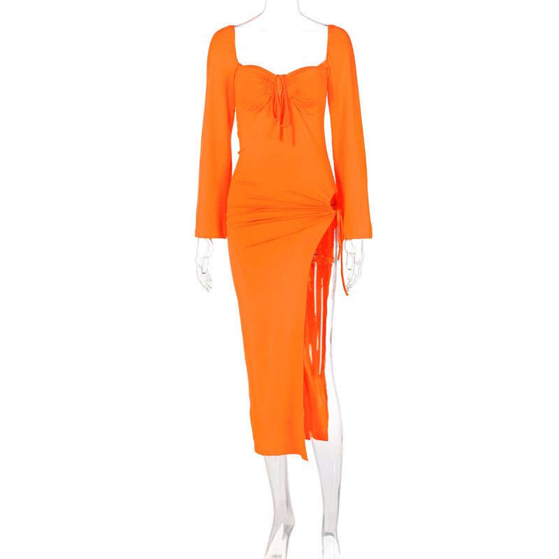 Long Sleeve Lace Up Slim Fit Backless Hollow Out Cutout Split Dress