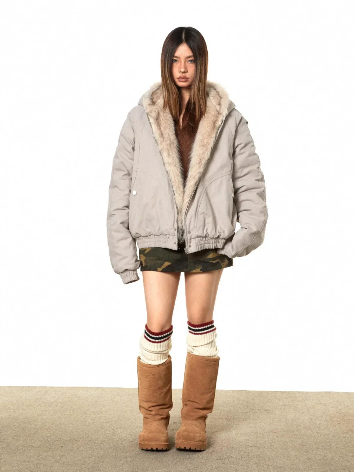 Fur-Lined Oversized Bomber Jacket