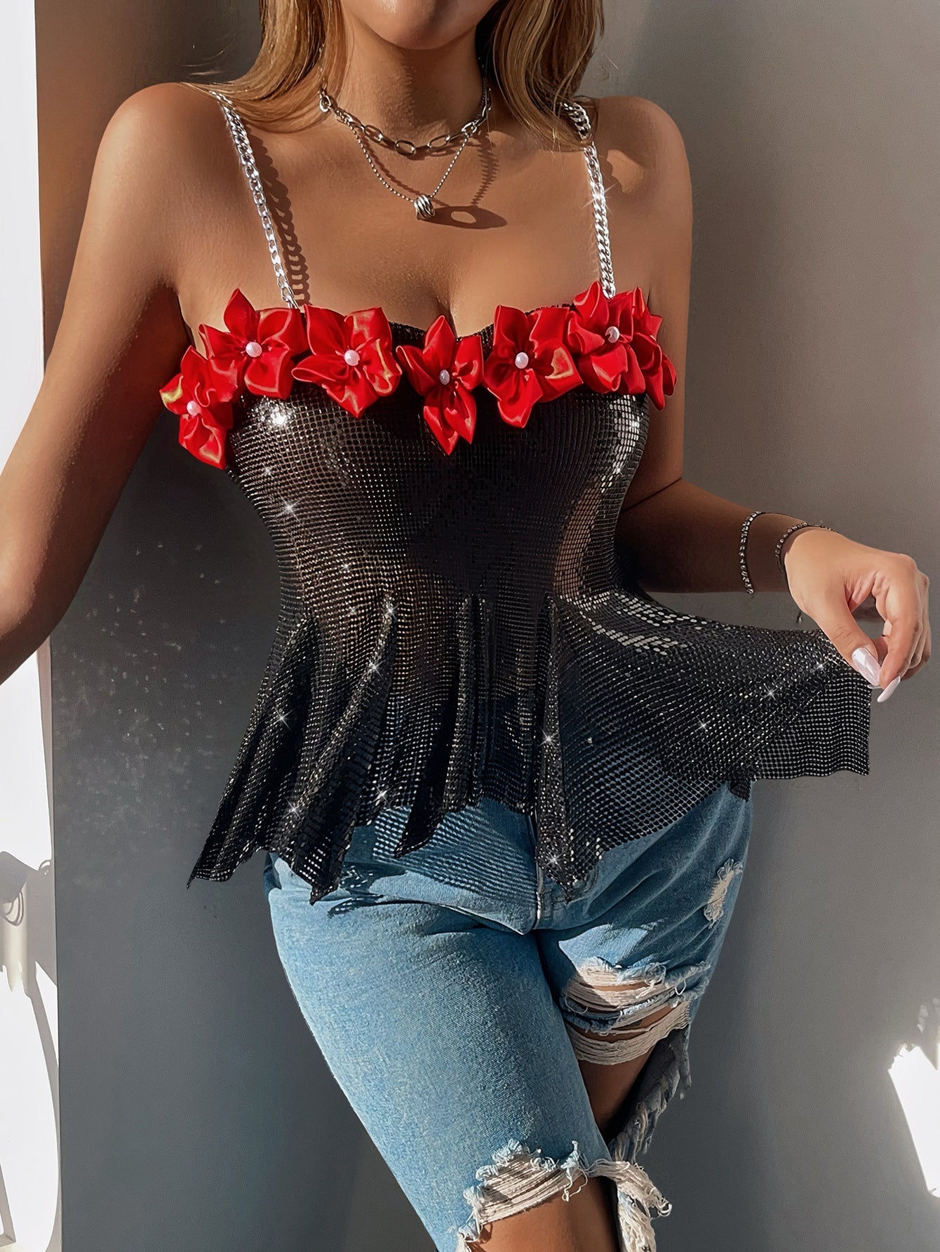 Night Passionate Floral-Embellished Sequined Cami Top