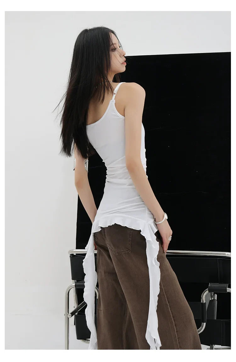 Black Asymmetric Ribbon Strap Tank Top With Ruffle Edge Design