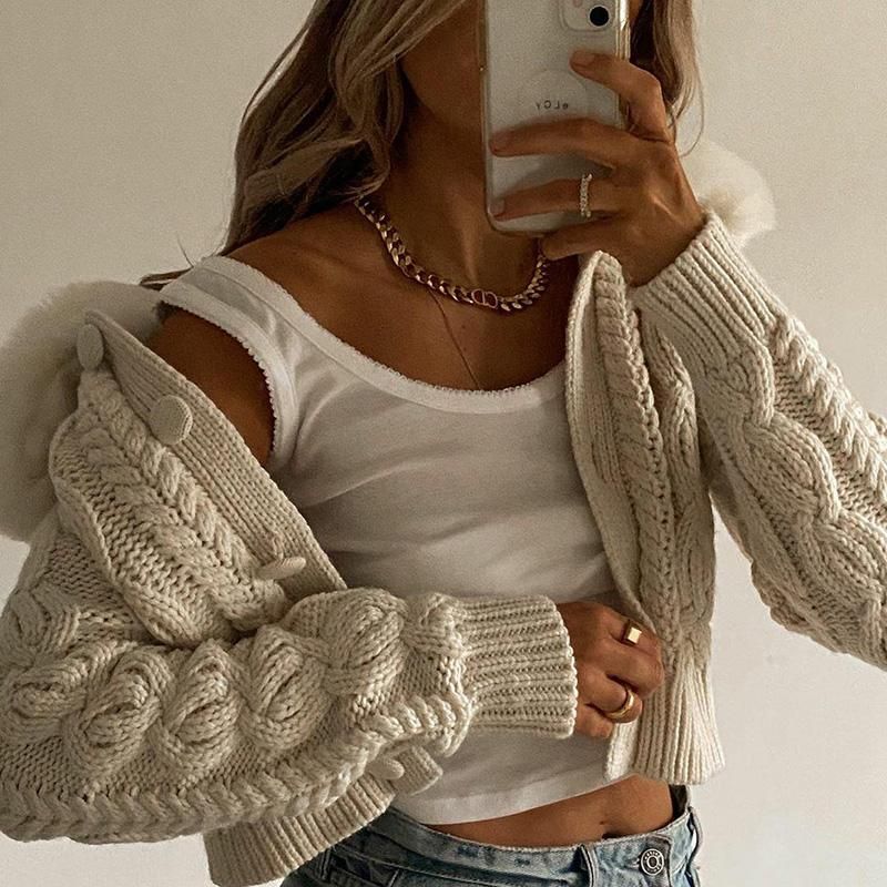 Beige Faux Fur Collar Cable Knit Button Cropped Cardigan 4