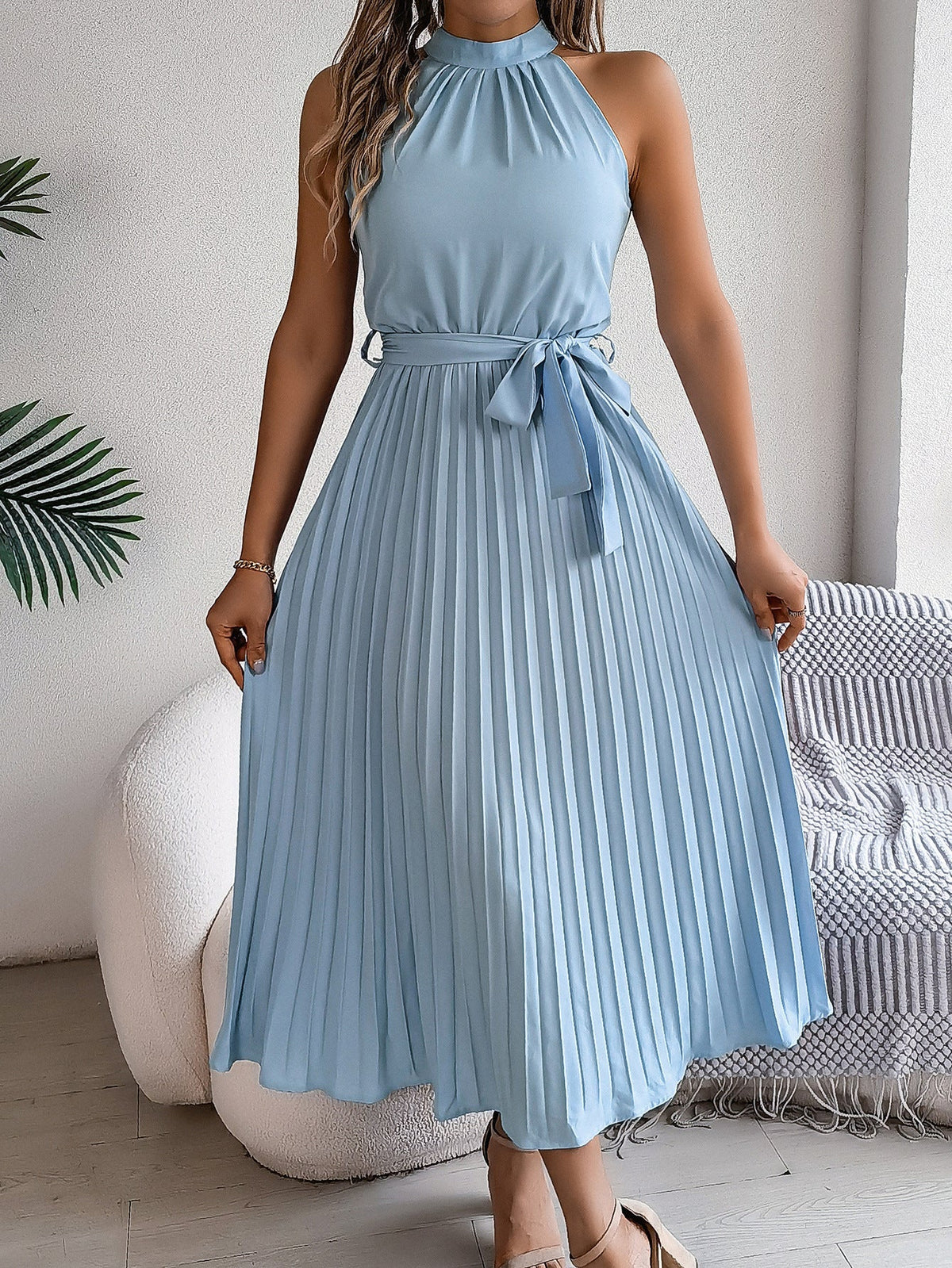 Halter Neck Sleeveless Belted Pleated A-Line Midi Dress