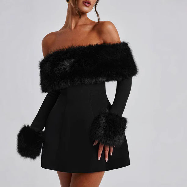 Luxurious Sexy Party Black Fur Collar Dress
