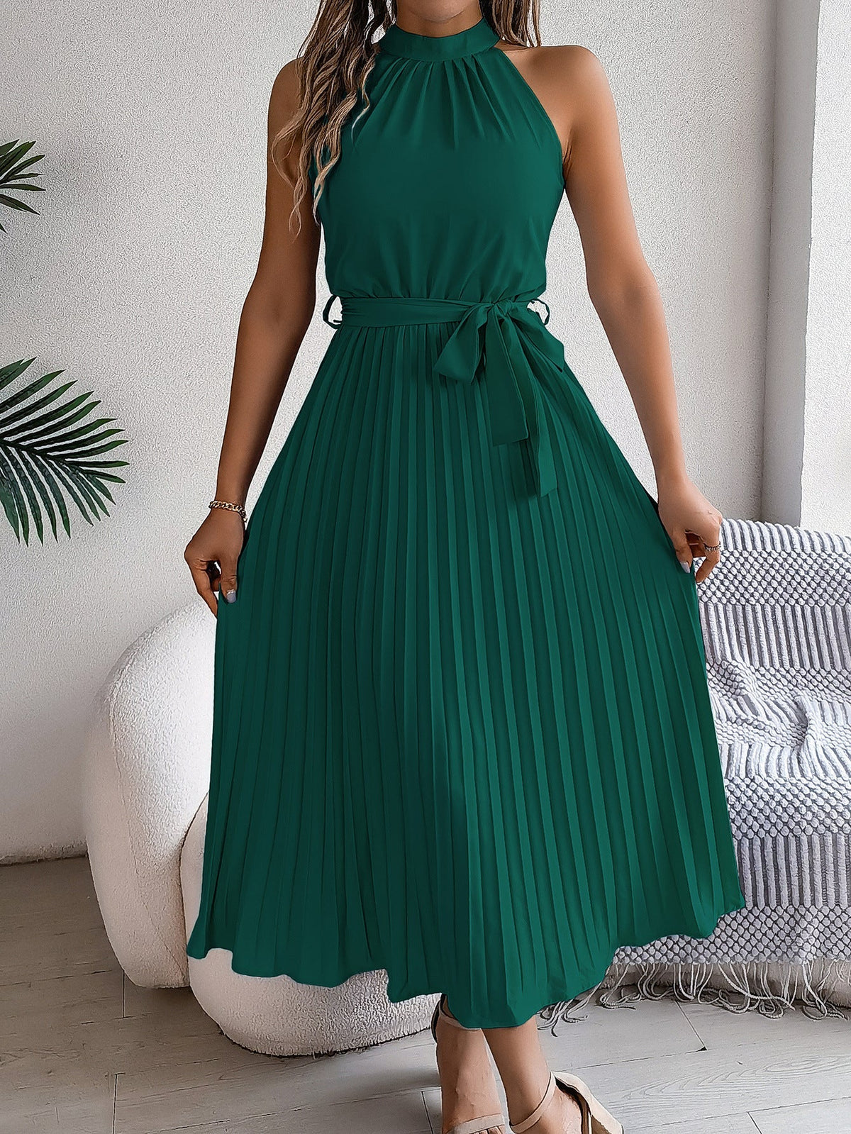Halter Neck Sleeveless Belted Pleated A-Line Midi Dress