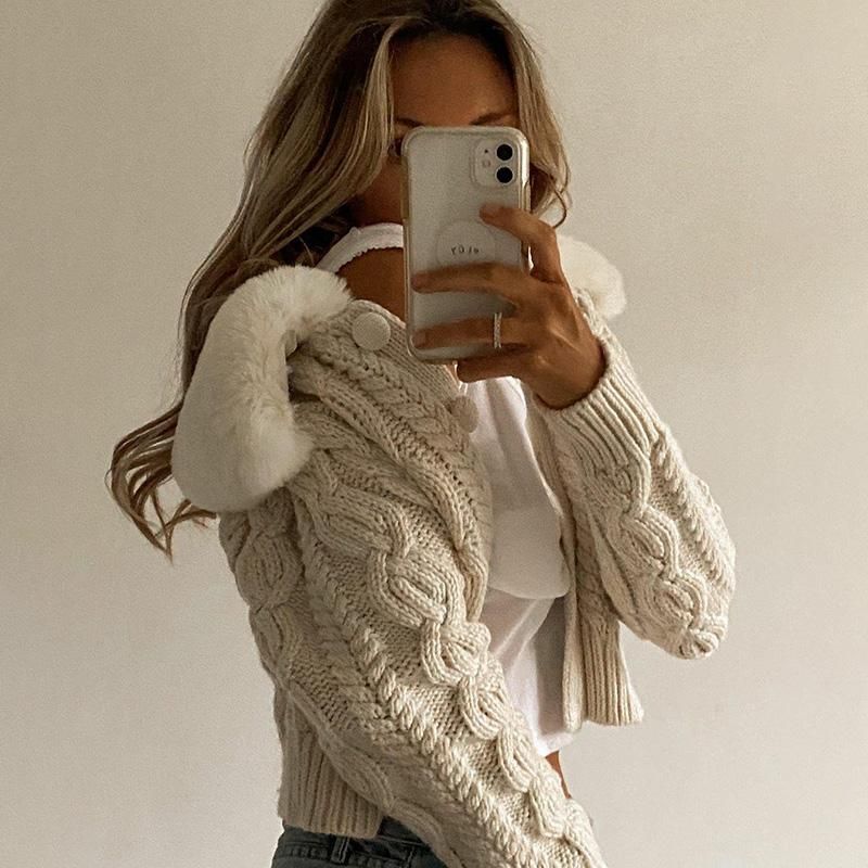Beige Faux Fur Collar Cable Knit Button Front Cropped Cardigan
