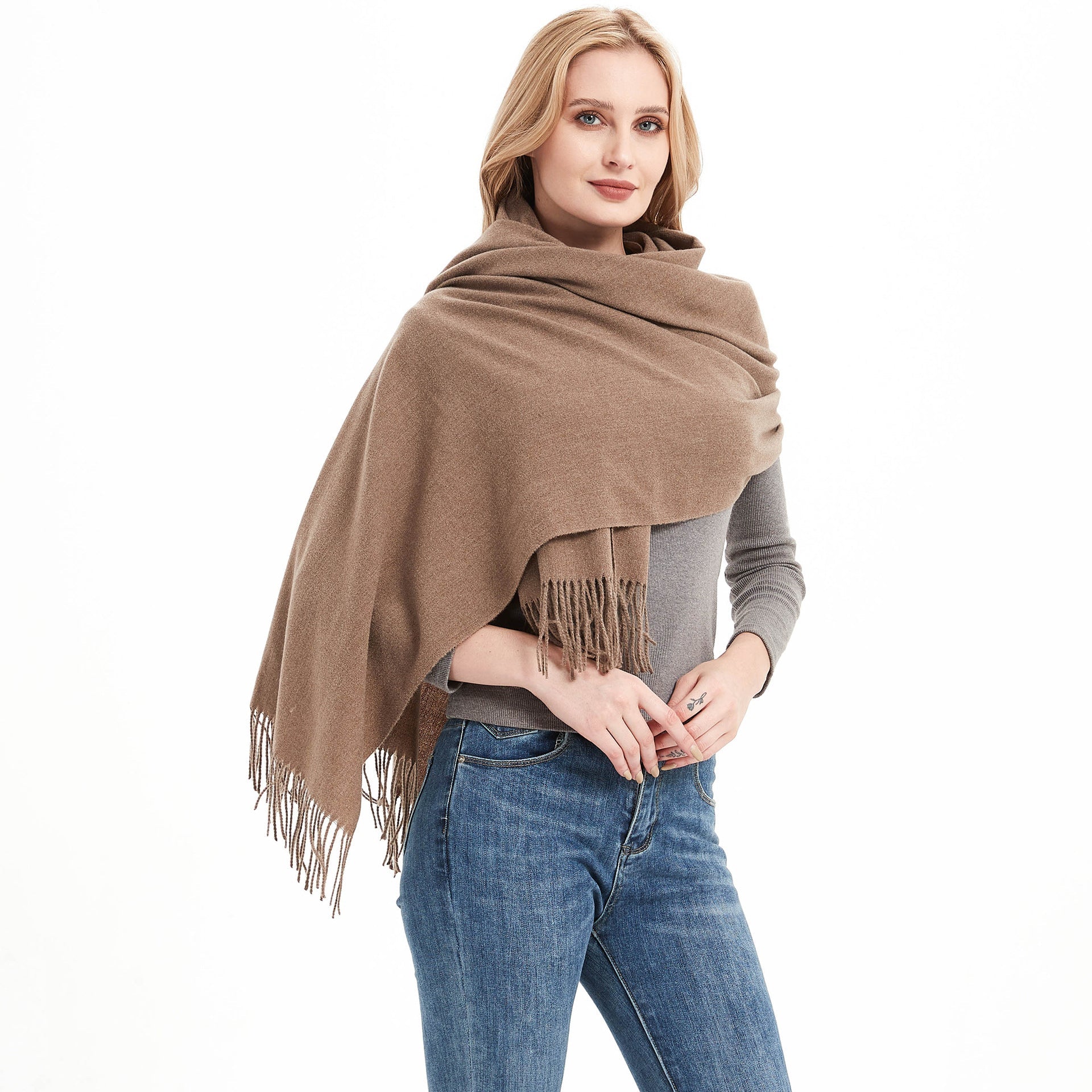 New Autumn Winter Fullpolyester Tassel Solidcolored Versatile Scarf