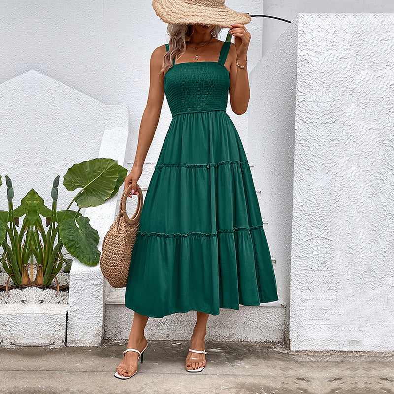 Square Neck Strap Smocked Shirred Tiered A-Line Midi Dress