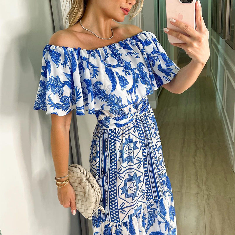 With Design Shoulder Full-Length Gown Geometric Off Ruffle S / Red Red Off The Shoulder Maxi Dress