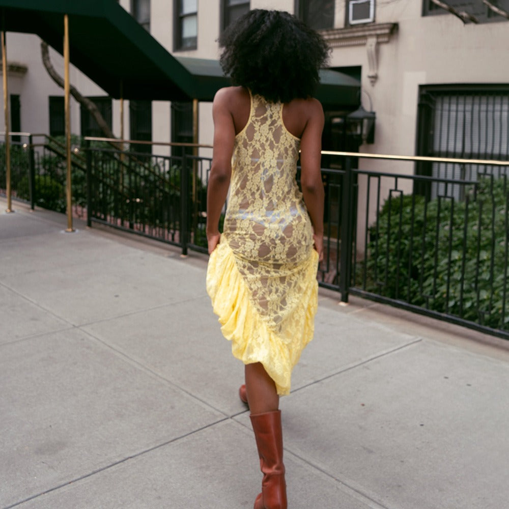 Round Neck Sheer Lace Ruffle Asymmetrical High Slit Maxi Dress