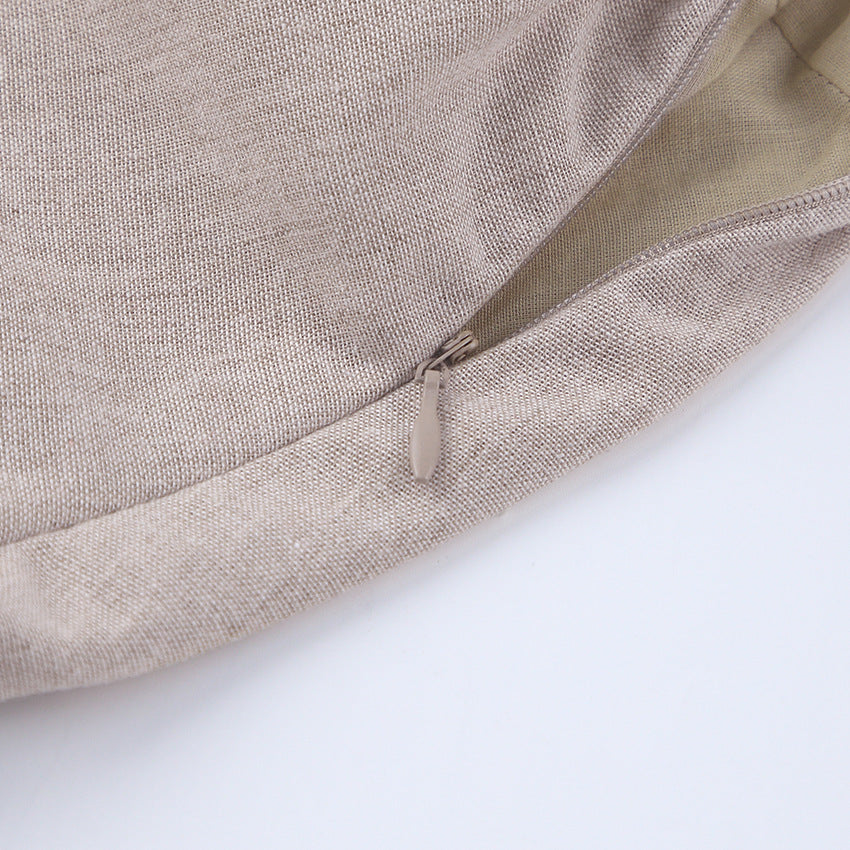 Khaki Square Neck Puff Sleeve Linen Babydoll Mini Dress 9