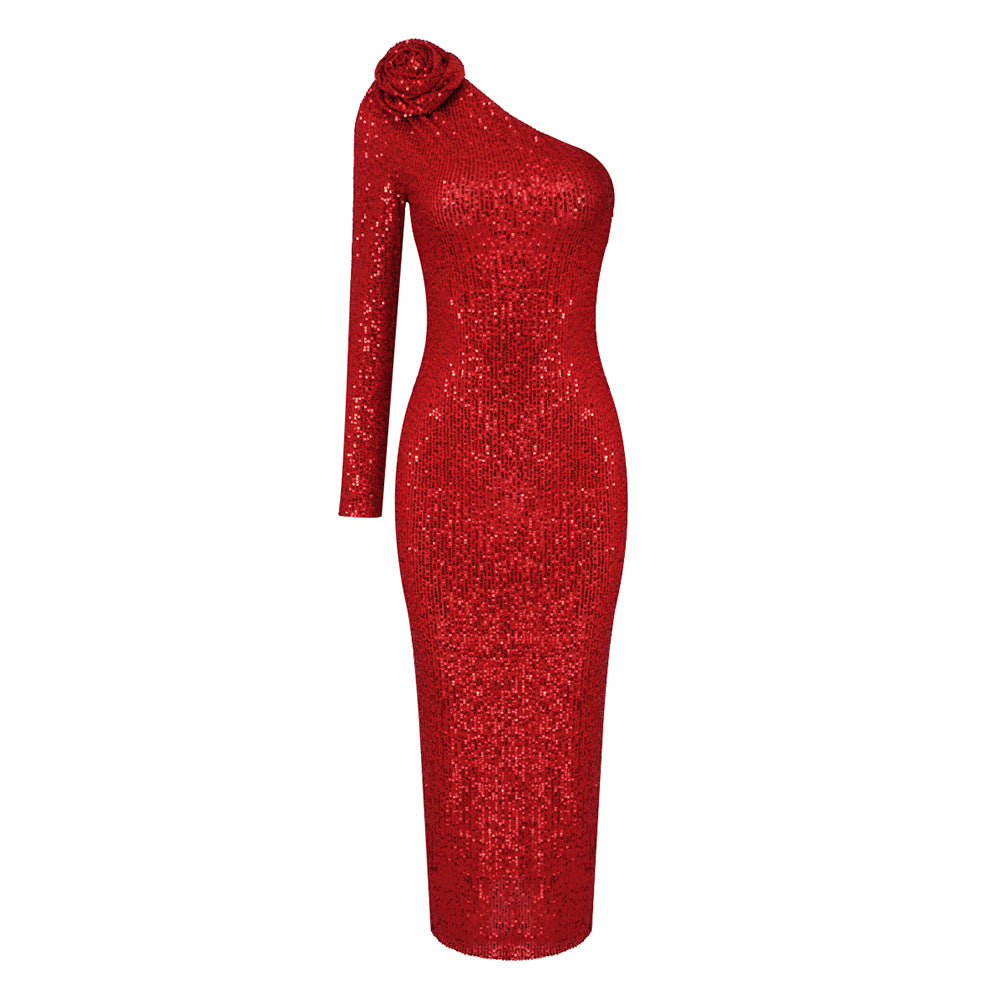 Christmas Red Three Dimensional One Shoulder Floral Sequin Formal Dress Stretch Dress Winter