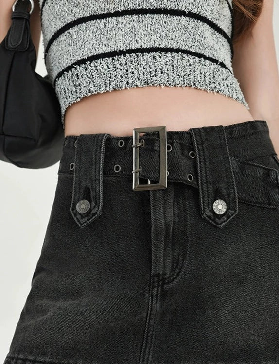 Buckled Denim Mini Skirt
