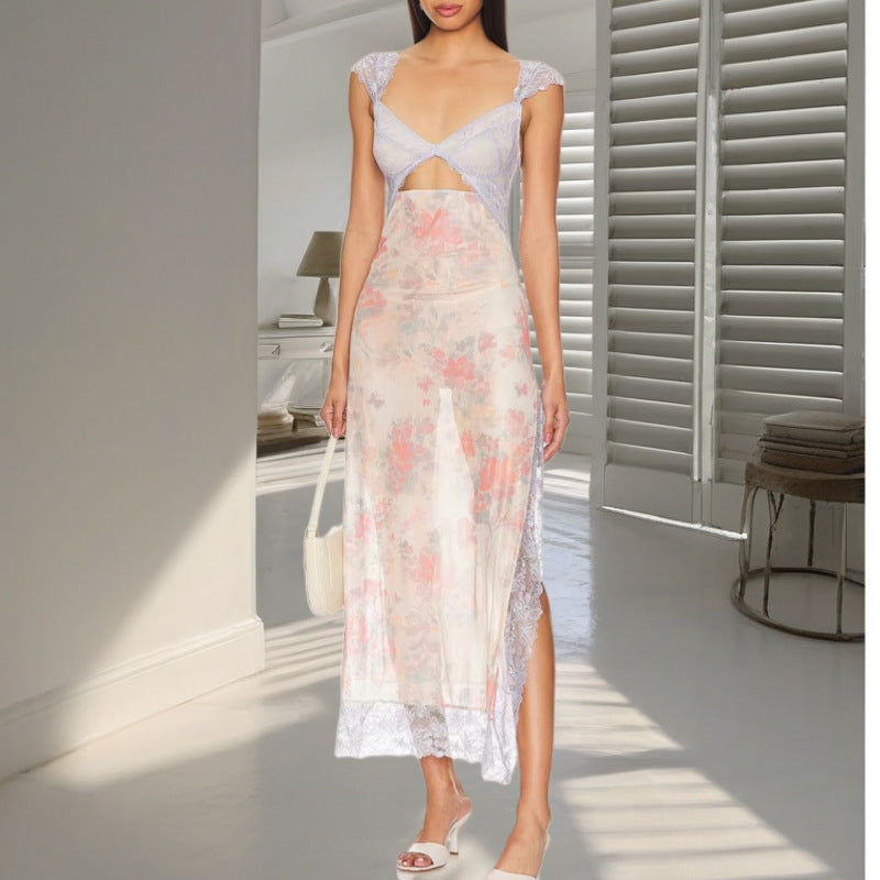 Sweetheart Lace Trim Floral Mesh Cutout Side Slit Midi Dress