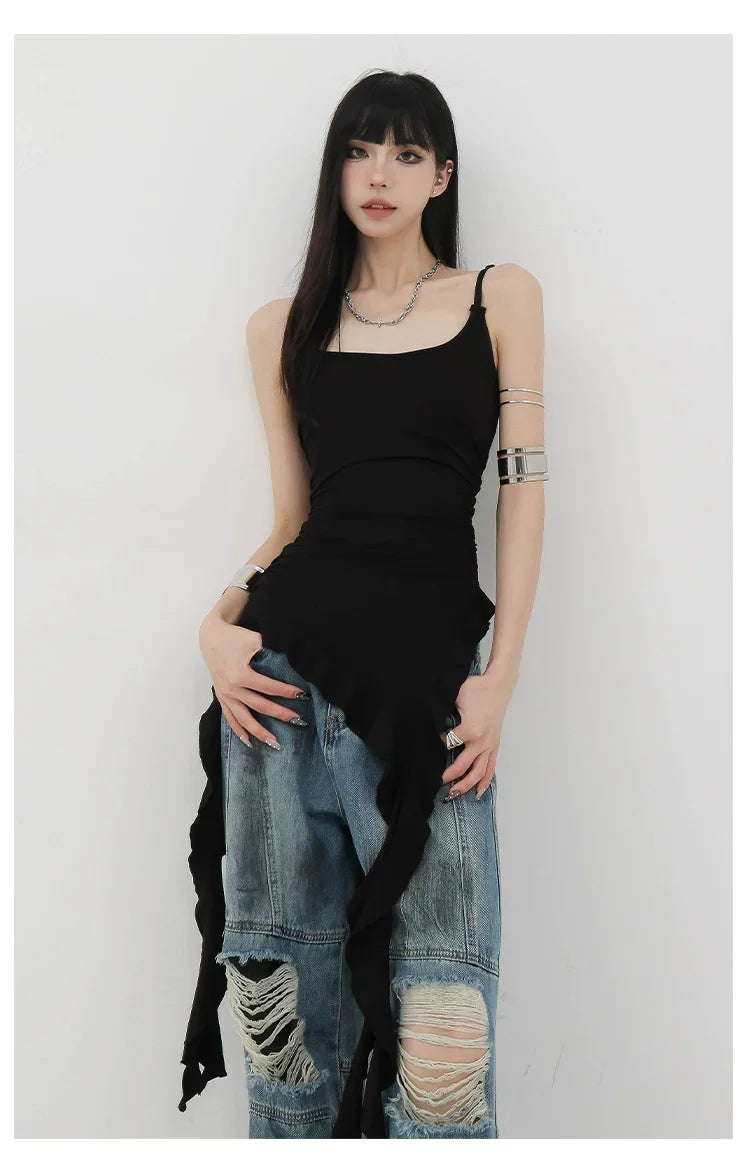 Black Asymmetric Ribbon Strap Tank Top With Ruffle Edge Design