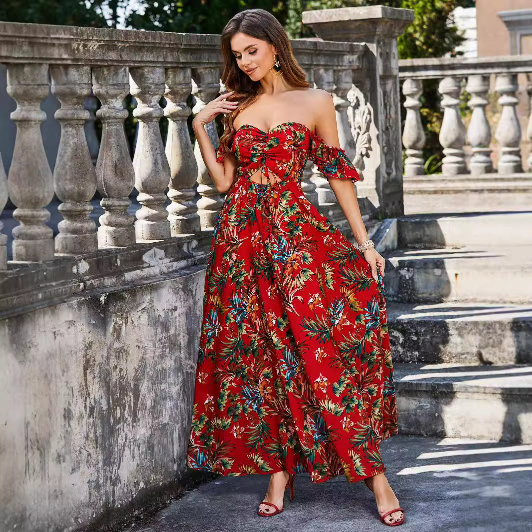 Printed Hollow Out Cutout out Tied Dress Tube Top Elegant Backless Dress