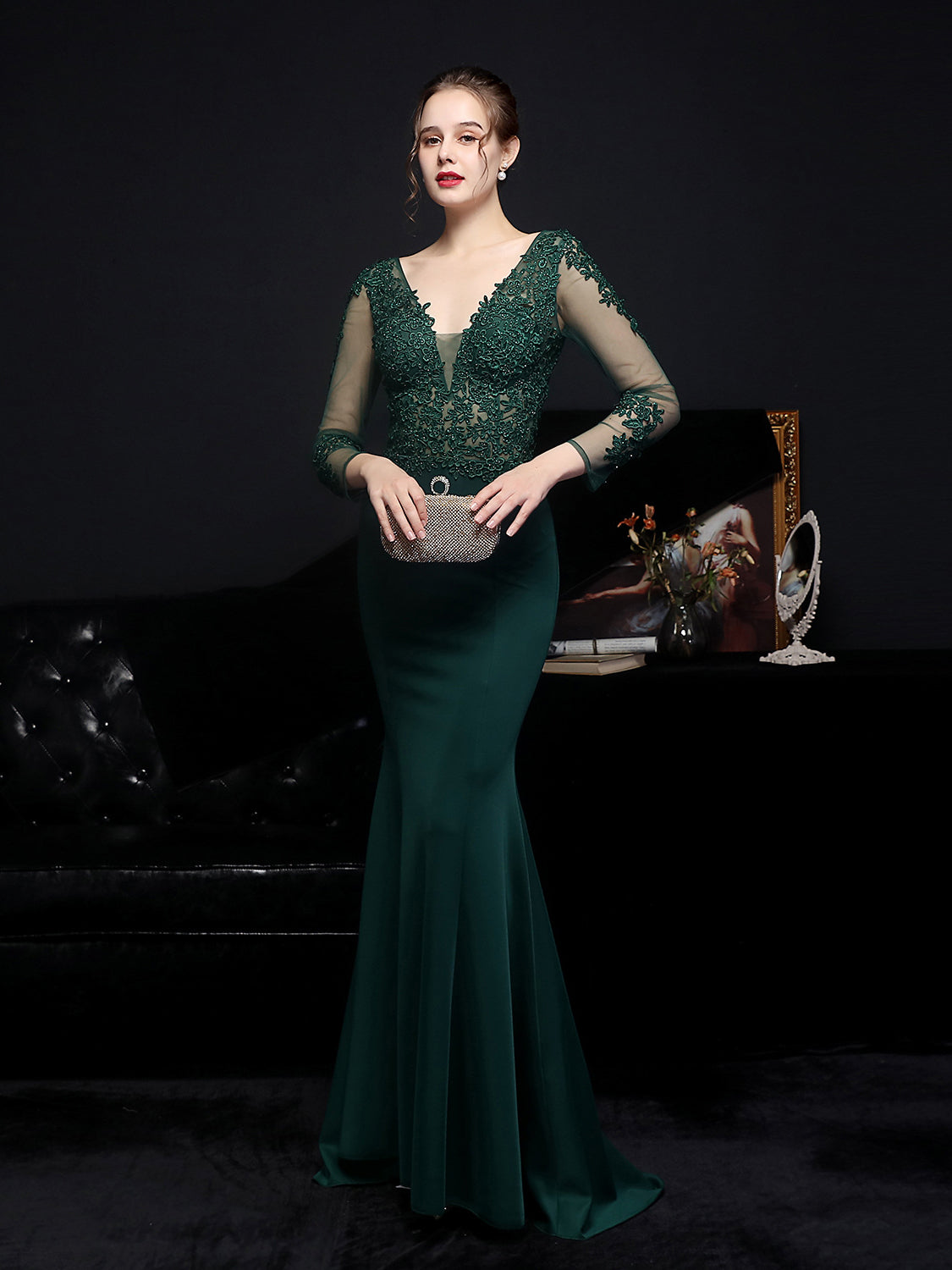 Lace long sleeved evening dress