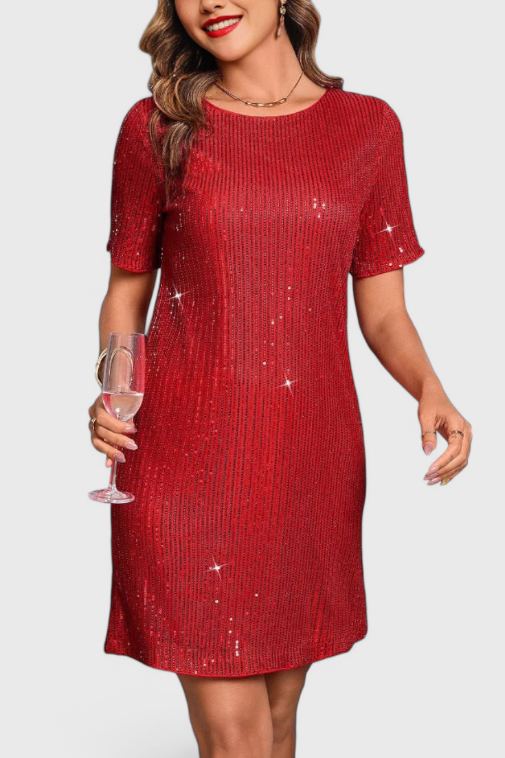 Round Neck Sequin Short Sleeve Shift Mini Dress 3