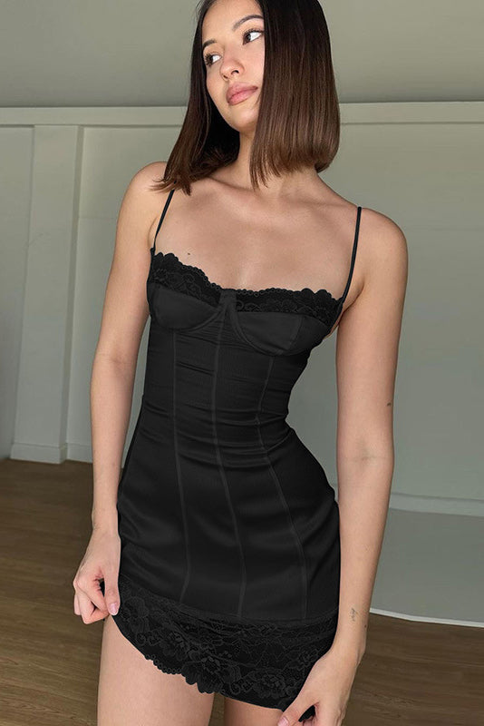 Spaghetti Strap Lace Trim Satin Corset Bodycon Midi Dress