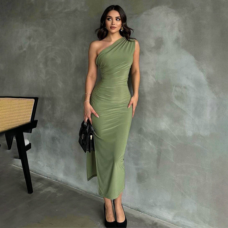 One Shoulder Short Sleeve Asymmetrical Midi Bodycon Dress HB75620